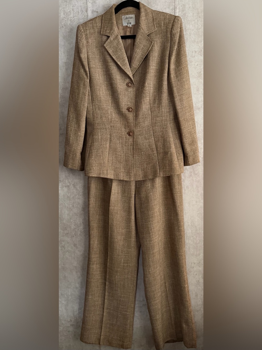 Le Suit Womens 2 Piece Pant Suit Sz 12 Brn Tweed Blazer WideLeg VTG Career Power - Picture 6 of 12